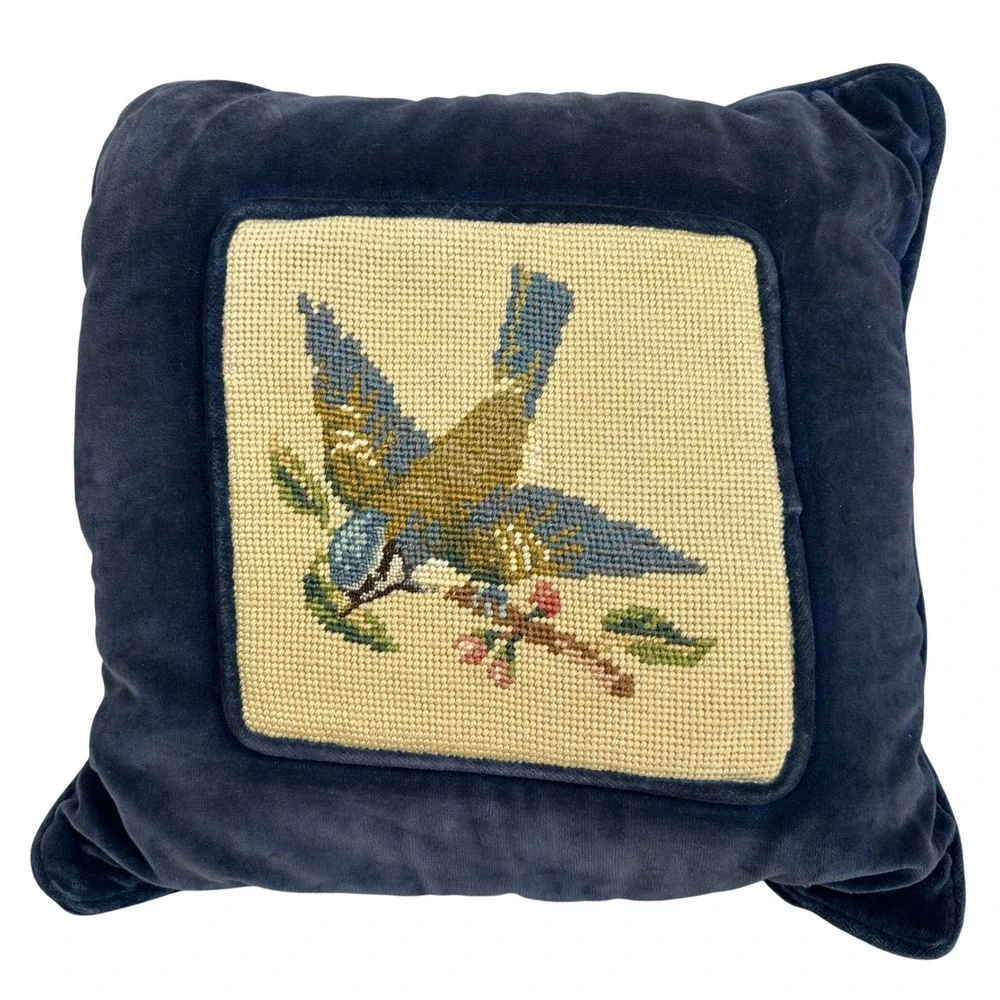 Vintage Bluebird Needlepoint‎ Blue Velvet Throw Pillow 14x14 Square Accent